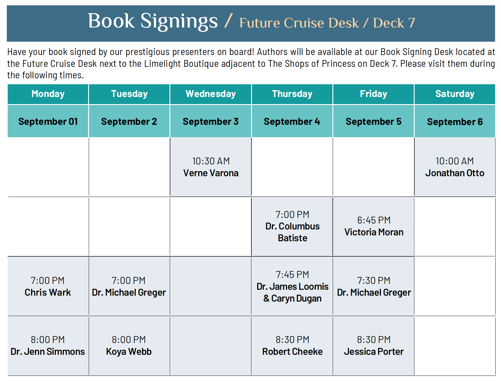 Holistic Holiday at Sea Book Signing Schedule – 2025 Alaska Cruise